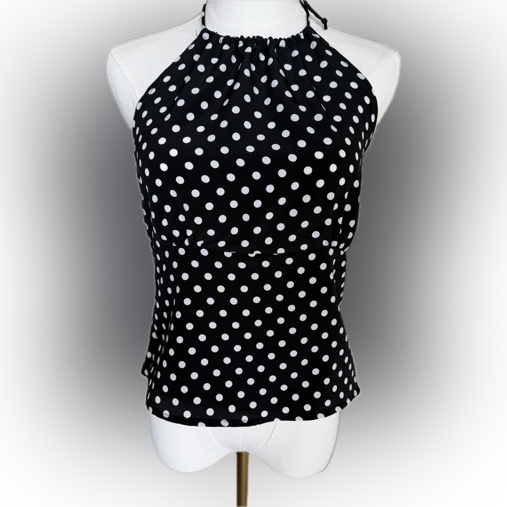 Easy Wear Polka Dot Halter Top Black White Retro Pin Up Side Zip Blouse Women’s